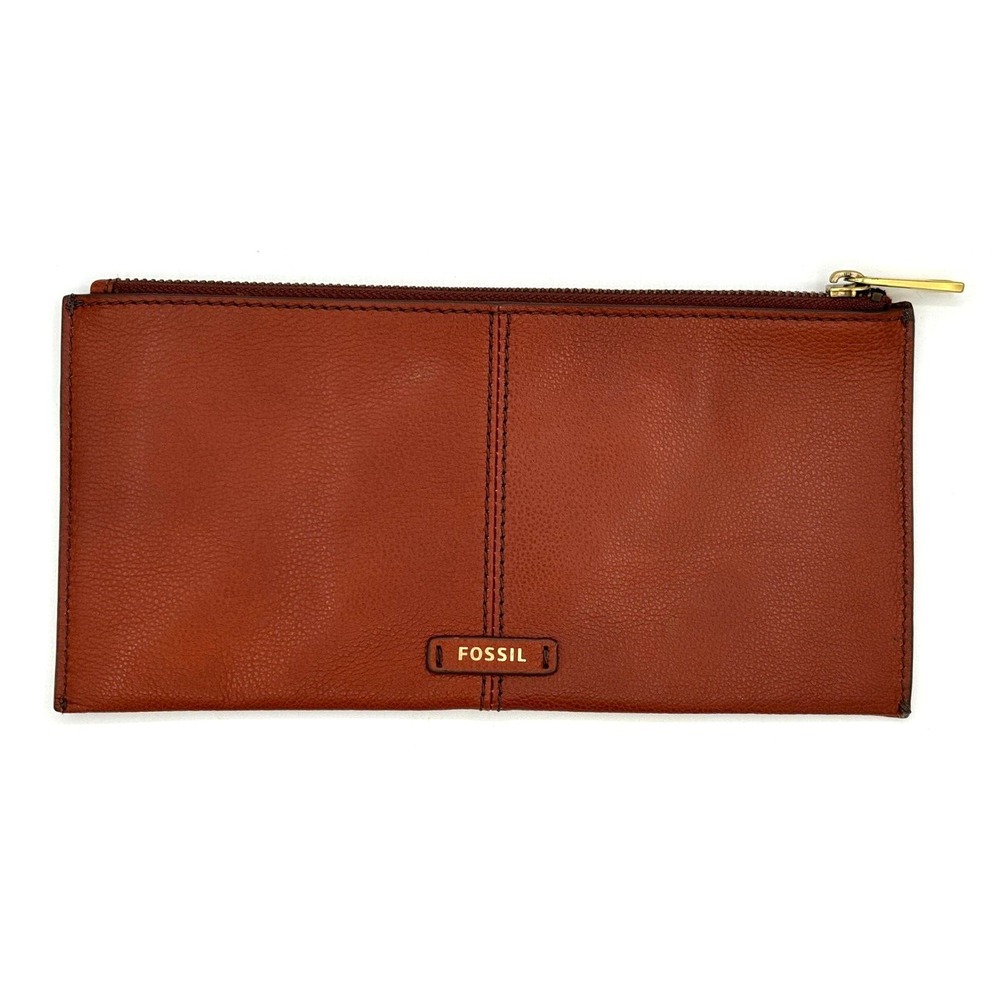 Fossil Pebbled Cowhide Leather Cinnamon Brown Zippered Money Wallet Pouch Clean!